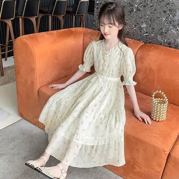 Kız Elbise çocuk Plaj Elbise uzun elbise Prenses Gazlı Bez Elbise Şifon yaz elbisesi 2023 Yeni Orta Ve Büyük çocuk Kız
