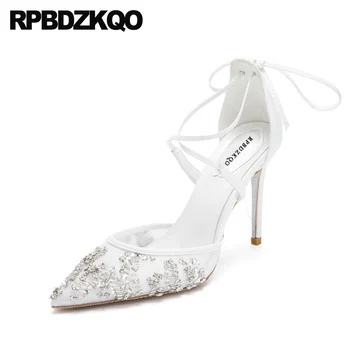 Pompalar Çapraz Kayış Stiletto 3 İnç Beyaz Sivri Burun Mücevher Ultra Marka tasarım ayakkabı Kadın Süper Bayanlar Düğün Yüksek Topuklu Örgü
