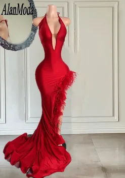 Seksi Kırmızı balo kıyafetleri Kadınlar İçin 2023 Tüyler Halter Backless Mermaid Parti Törenlerinde Bölünmüş Akşam Elbise Vestidos De Graduación