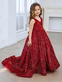Sparkly Pullu Pageant Elbise Kız V Boyun Kolsuz Balo Çiçek Kız Elbise Bir Çizgi Uzun Dantel Up Prenses Balo Elbise