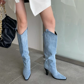 Uzun Çizme Kadın Mavi Vintage Yüksek Topuk Çizmeler Sonbahar Sivri Burun tasarım ayakkabı Orta Topuklu moda Bayan Ayakkabıları Bota Kovboy Mujer