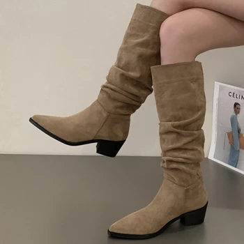Kadınlar için Ayakkabı 2023 Yüksek Kalite Kış Diz üzerinde Kayma-Yüksek bayan Botları Düz Renk Sivri Burun Akın Pilili Moda Çizmeler