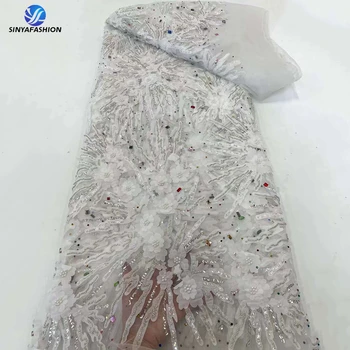 Sinya Afrika Nijeryalı Dantel Kumaş 2024 Yüksek Kaliteli Beyaz 3D Çiçek Dantel Cam Elmas Lüks Boncuklu Gelin Dantel 5 Metre