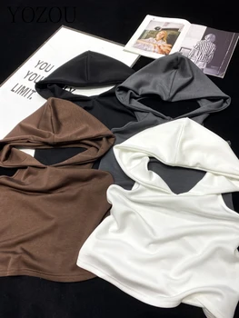 [YOZOU] Katı Kapşonlu Backless kırpma kolsuz yelek Kolsuz T-Shirt Kadın Beyaz Siyah Gri Kahverengi Rave Kıyafetler Kore Tarzı