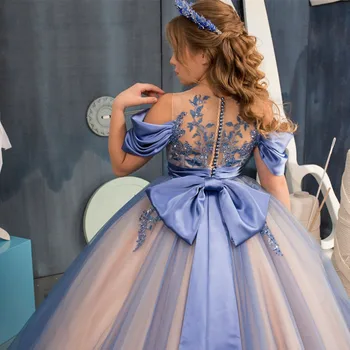 Lüks Çiçek Kız Elbise Düğün için Dantel Nakış Prenses Çocuklar Aplikler balo elbisesi İlk Communion Pageant Akşam Parti