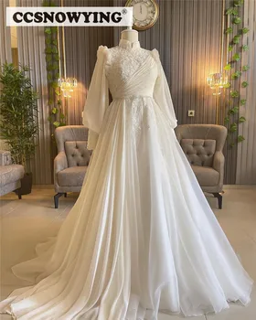 Şifon Aplikler Uzun Kollu Müslüman düğün elbisesi Gelin Başörtüsü İslam gelinlikler Yüksek Boyun Kadınlar Arapça Robe De Mariée