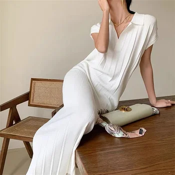 Kore Moda Katı Pilili Örme Elbise Kadın Gevşek Turn-aşağı Yaka Kısa Kollu Uzun Elbiseler Vestidos Elegantes Para Mujer
