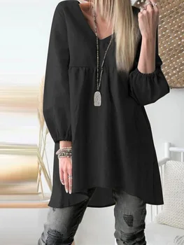 2023 Sonbahar Pamuk Keten kadın Üst Siyah V Yaka Uzun Fener Kollu Casual Bluz Kadın Moda Moda Giyim Bayan Üstleri