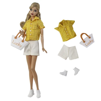 1 Takım Moda Kıyafet Sarı Gömlek +Beyaz Şort+Çanta+Ayakkabı Ofis Bayan gündelik giyim Takım Elbise barbie bebek Aksesuarları Kıyafet Oyuncak