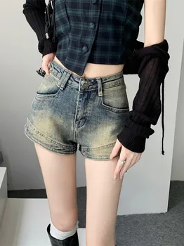 2023 Vintage Kot Şort kadın Yaz Amerikan Baharatlı Kızlar Sıcak Pantolon Geniş Bacak Süper Şort Yüksek Bel Düz A-line Pantolon