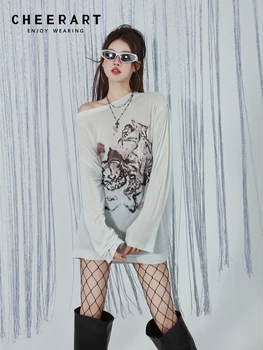 CHEERART Güz 2023 Canavar Grafik T Shirt Kadın Uzun Kollu Tees Büyük Boy beyaz tişört Moda tasarımcı bluzu