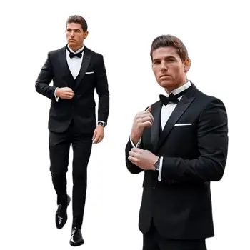 Yakışıklı Siyah Düğün Smokin Doruğa Yaka Slim Fit İki Düğme Damat Giyim Resmi Parti Balo Erkek Takım Elbise Blazer