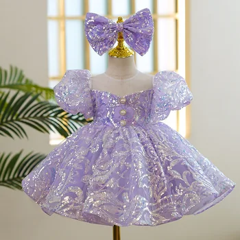 Lüks Parti Doğum Günü Elbise Çocuklar Kızlar için 1 İla 12 Yıl Moda Resmi Prenses balo elbisesi Kabarık Akşam Mor Elbiseler Çocuk
