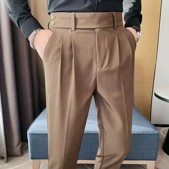 Ingiliz Tarzı Sonbahar Yeni Yüksek Bel Dimi Plise Tasarım günlük pantolon Moda Erkek Slim Fit Basit Sosyal Parti Takım Elbise Pantolon 38-28