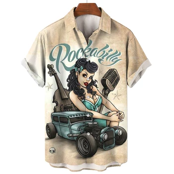 3d Vintage Moda Gömlek Erkekler İçin Keman Rocker Baskılı Rockabilly havai gömleği Kısa Kollu Üstleri Homme Harajuku Ropa Hombre