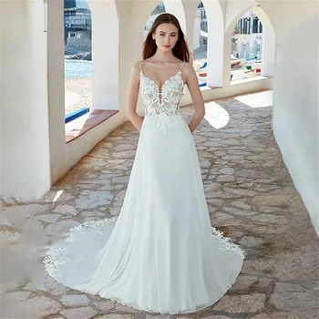 Zarif A-Line Şifon düğün elbisesi Sevgiliye Spagetti Sapanlar Kolsuz Düğme Geri gelin kıyafeti Ruffles Boho Robe De Mariée