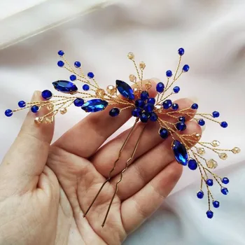 Kadın saç Tokası Düğün saç takı Aksesuarları İnci Kristal Mavi Gelin Postiş El Yapımı Kafa Dekorasyon Aksesuarları