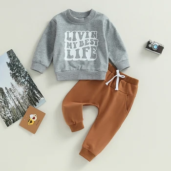 Moda Sonbahar Yürüyor Çocuk Bebek Erkek Giysileri Setleri Mektup Baskı Uzun Kollu O-Boyun Tişörtü + cep Pantolon Rahat Eşofman