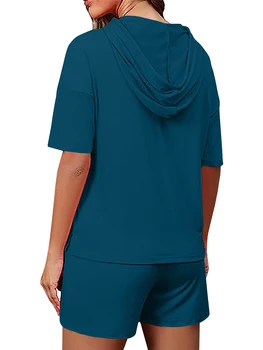 Kadın 2 Parça Eşofman Kıyafetler Düz Renk Kapşonlu Kısa Kollu Hoodies Tops İpli Elastik Bel şort takımı