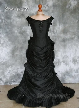 Boncuklu Gotik Victorian Telaş Balo elbisesi Tren Vampir Topu Masquerade Cadılar Bayramı Siyah Akşam Gelin Elbise Steampunk Goth