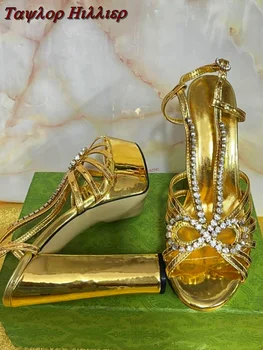 Altın Yay Taklidi Su Platformu yüksek topuklu ayakkabılar Kadın Yuvarlak Kafa Kalın Topuk İçi Boş Basit Ziyafet Elbise Sandalet Yaz 46