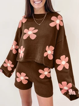 Kadın İki Parçalı Kıyafetler Set Uzun Kollu Çiçek Baskı Kazak üstler ve şortlar seti Loungewear