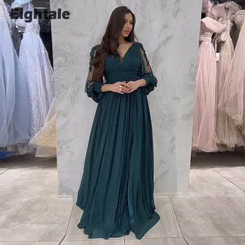 Eightale Zarif balo kıyafetleri V Yaka Uzun Kabarık Kollu Boncuklu şifon gece elbisesi Düğün için Arapça Parti Vestidos De Gala