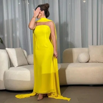 Fashionvane Sarı Şifon balo kıyafetleri Straplez Fermuar Geri Suudi Arabistan Kadınlar Akşam Elbise Sarar Robe Des Marrige