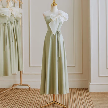 Yeşil Saten Straplez gelinlik modelleri Moda Spagetti Kayışı Ince A-Line Kadın Konuk Kıyafeti Kardeş Günlük Parti Kıyafeti