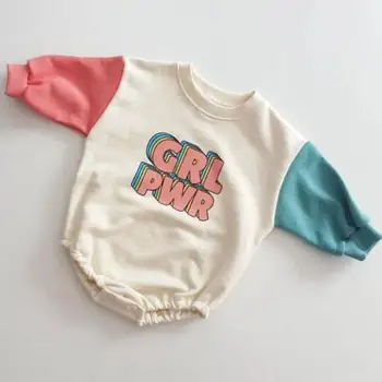 Sonbahar Yeni Bebek Erkek Uzun Kollu Bodysuit Bebek Kontrast Renkler Rahat Tulum Yenidoğan Kız Mektup Baskı Kazak 0-24M