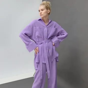 Sonbahar kadın Düz Renk Pijama Seti Krep İki ton Ayarlanabilir Kemer İnce Seksi Gece kıyafetleri Yaka Düğmesi Cep Kıyafeti