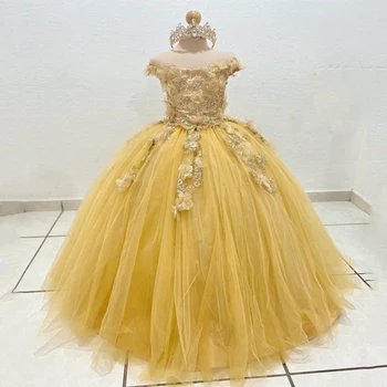 Sarı Vestido De 15 Años Prenses 3 Dflower Kız Elbise Aplike Dantel Tull Kapalı Omuz Meksika Çocuk Elbise Boncuk İlk Communion