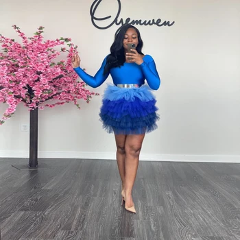 Degrade Mavi Kısa balo kıyafetleri Yuvarlak Yaka Sıkı Üst Tül Katmanlı Etekler Kokteyl Parti Elbise Kollu