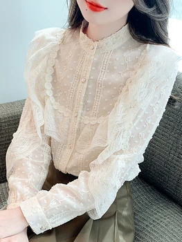 Moda Ruffles Standı Yaka Kayısı Dantel Bluz Gömlek Kadın Blusas Mujer De Moda 2023 Uzun Kollu Bluz Kadın Blusa G809