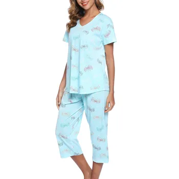 Kadın Kısa Kollu Kırpılmış Pantolon Seti Örme Pamuk Ev Giyim Seti Bayan Uzun Kollu Pijama Takımı üst ve şortlar Seti Kadın