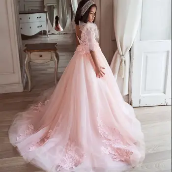 Çiçek Kız Elbise Düğün için Tül Aplikler Sparkly Sequins Boncuklu Prenses Çocuk Akşam Parti İlk Communion Balo