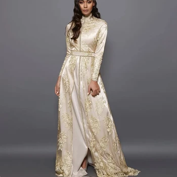 Şampanya Fas Kaftan Müslüman Abiye A-line Uzun Kollu Dantel Dubai Arapça Türkiye Kaftan çarşaf islami Elbise