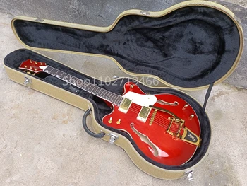 Fabrika Kırmızı 6 Strings Elektro Gitar Gülağacı Klavye Yarı Hollow Vücut Altın Tremolo Sistemi Özelleştirilebilir