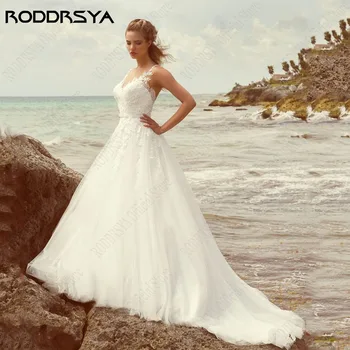 RODDRSYA Plaj düğün elbisesi Kolsuz Scoop Illusion Geri Gelin Törenlerinde Kadın Dantel Aplike A-Line 2023 Vestidos De Novia