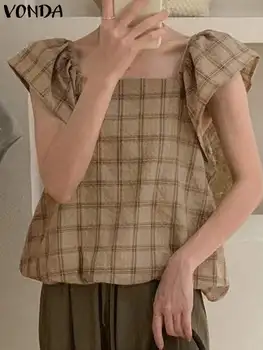 Kadınlar Zarif Ruffled Gömlek 2023 VONDA Yaz Ekose Bluz Baskılı Vintage Kısa Puf Kollu Kare Yaka Tunik Blusas Tops