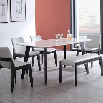 Modern Dikdörtgen 6 Kişilik yemek masası Lüks İtalyan Tipi Kaya Plakası Masaüstü Masa Seti Restoran Cafe Muebles Mobilya