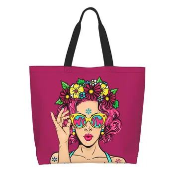 Komik Baskı Moda Seksi Bayan Öpücük Pop Art alışveriş büyük el çantası Yıkanabilir Tuval Alışveriş Omuz Karikatür Kız Çanta