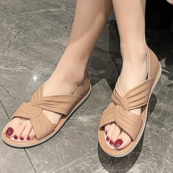 Yaz Yeni Düz Sandalet üzerinde Kayma Kadınlar için 2023 Moda Açık kadın plaj ayakkabısı Burnu açık Nefes Mary Janes Ayakkabı