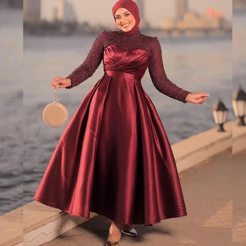 Bordo balo kıyafetleri Başörtüsü Kadınlar için Yüksek Boyun Uzun Kollu Ayak Bileği Uzunluğu İnciler Müslüman Akşam Partisi Törenlerinde Resmi Olay Elbise