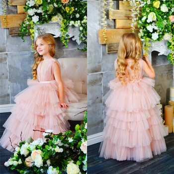 Dantel Kolsuz Kabarık Katmanlı Çiçek Kız Elbise Prenses Balo Güzellik Yarışması İlk Communion Çocuklar Sürpriz Doğum Günü Hediyesi