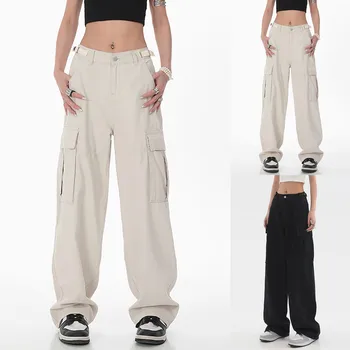 Kadın Moda Streetwear Cepler Ayarlanabilir Yüksek Bel Düz Vintage Baggy Kargo Pantolon Yoga cepli pantolon
