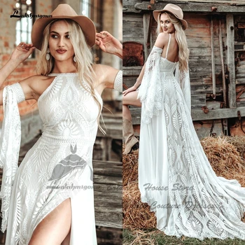 Lakshmigown Hippi Dantel Boho düğün elbisesi Kollu 2023 Trouwjurk Seksi Gelin Ülke Plaj Gelinlikler Yan Bölünmüş