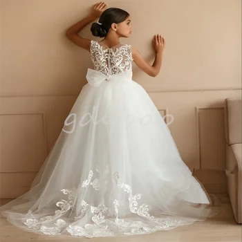 Beyaz Fildişi Çiçek Kız Elbise V Boyun Düğün Konuk Çocuklar Gelinlik Modelleri Yay Dantel Aplikler Tül