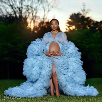Mavi Kabarık Uzun Kollu Hamile Kadınlar Fotoğraf Çekimi Elbiseler Tül Ruffles Annelik Elbise Kadın Elbise Bebek Duş Önlükleri Fotoğraf