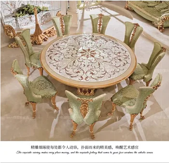 Avrupa yuvarlak masa ve sandalye kombinasyonu katı ahşap el oyması yaratıcı kabuk boyama parke masa villa